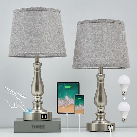 Nightstand Table Lamps for Bedroom Set of 2, Touch Bedside Lamps with Dual USB Ports, 3 Way Dimmable Bedroom Lamps for End Tables, Modern Night Stand Lamps for Living Room Guest Room - LeafyLoom