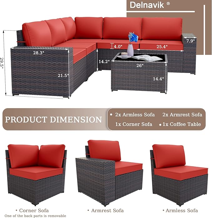 Patio Furniture Set Sofa 6-Piece Wicker PE Rattan Sectional Sofa Set, Outdoor Furniture Patio Conversation Set with Glass Coffee Table and Cushions, Red - LeafyLoom