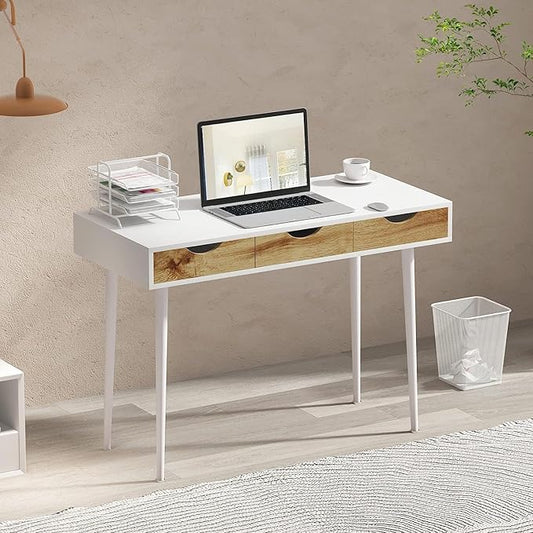 SogesHome 43.3 Computer Desk, Home Office Work Table with 3-Drawers, Gaming Working Writing Table, White&Teak - LeafyLoom