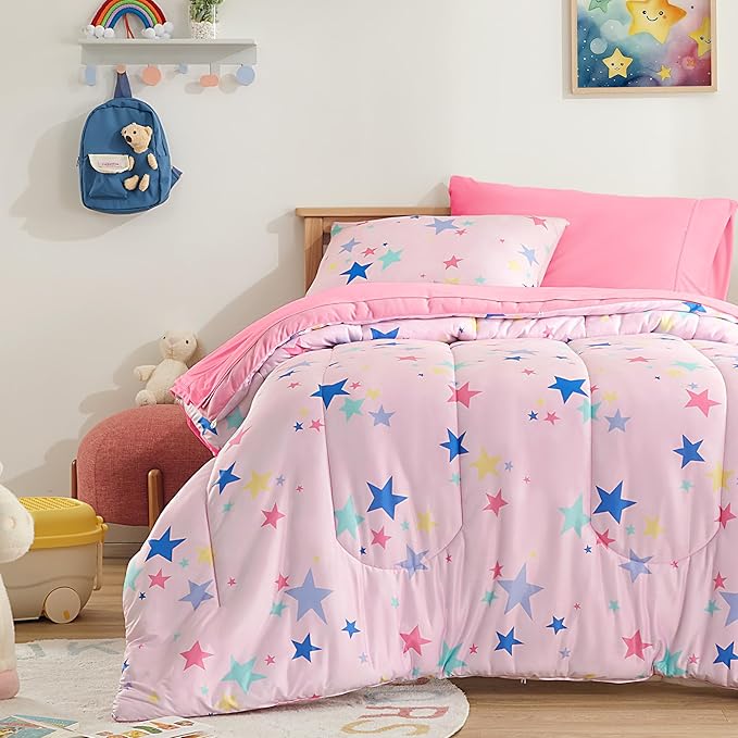 SLEEP ZONE Jersey Knit Pink Comforter Set Twin Size, Breathable & Soft Kids Bedding Set 2-Piece with Comforter, Pillowcase (Colorful Stars, Twin) - LeafyLoom