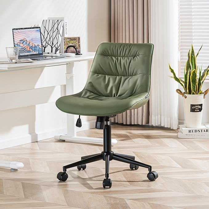 Kidol & Shellder Armless Office Chair Desk Chair Comfy Makeup Vanity Chair with Back Ergonomic Swivel Chair Home Office Desk Chairs with Wheels Computer Chair Bedroom Accent Chair(Olive Green) - LeafyLoom