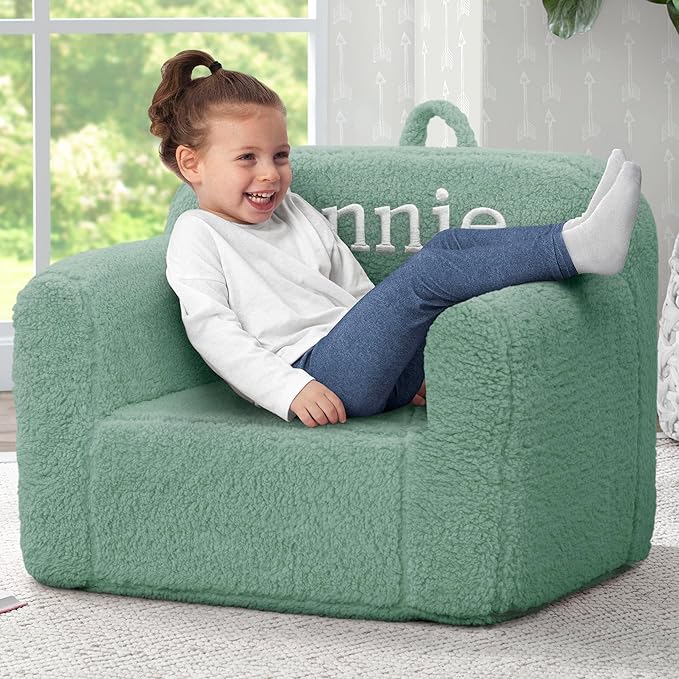 Delta Children Personalized Sherpa Cozee Chair - Customize with Name – Foam Kids Chair for Ages 18 Months and Up, Sage - LeafyLoom