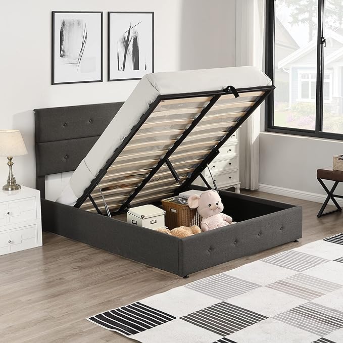 Upholstered Full Size Bed Gas Lift Up Storage Platform Bed Frame with Tufted Headboard Wooden Slat Support & Under Bed Storage, No Box Spring Needed - LeafyLoom