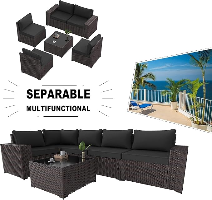 Kullavik 6PCS Outdoor Patio Furniture Set PE Wicker Rattan Sectional Sofa Patio Conversation Sets,Black - LeafyLoom