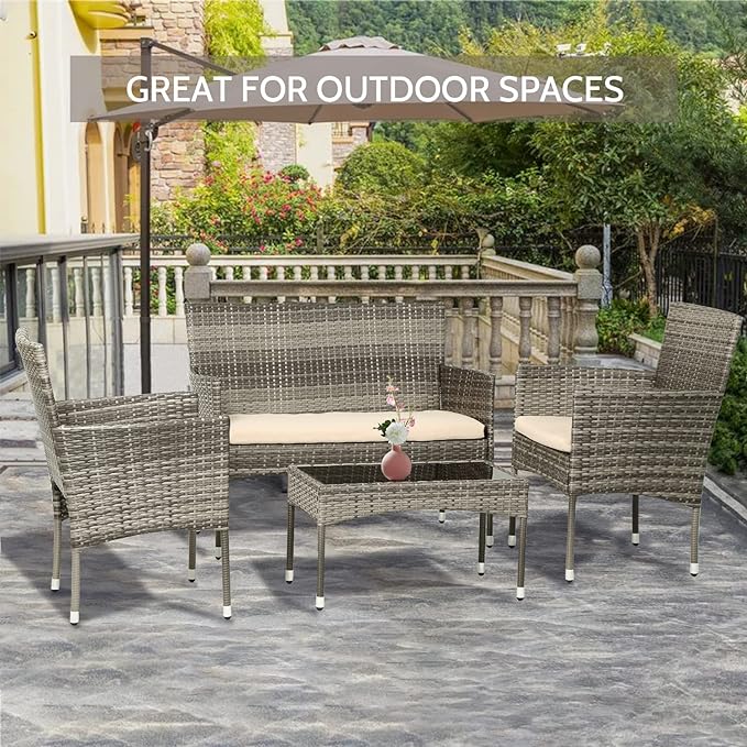 FDW Patio Conversation Set 4 Pieces Patio Furniture Set Wicker with Rattan Chair Loveseats Coffee Table for Outdoor Indoor Garden Backyard Porch Poolside Balcony,Gray Wicker/Khaki Cushions - LeafyLoom