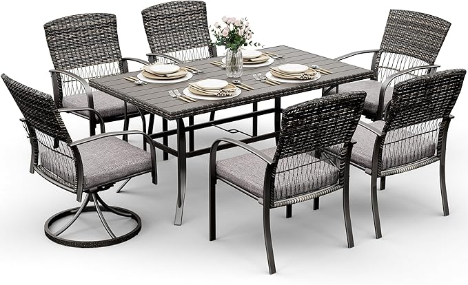 Pamapic 7 Piece Patio Dining Set for 6,Outdoor Wicker Furniture Set for Backyard Garden Deck Poolside with 4 Dining Chairs and 2 Swivel Rockers,Iron Slats Table Top, Removable Cushions(Gray) - LeafyLoom