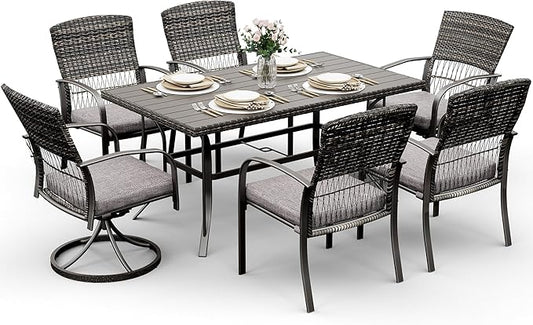 Pamapic 7 Piece Patio Dining Set for 6,Outdoor Wicker Furniture Set for Backyard Garden Deck Poolside with 4 Dining Chairs and 2 Swivel Rockers,Iron Slats Table Top, Removable Cushions(Gray) - LeafyLoom