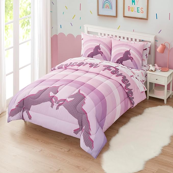 Kids Bedding Set Bed in a Bag for Boys and Girls Toddlers Printed Sheet Set and Comforter, Full, Unicorn Forever - LeafyLoom