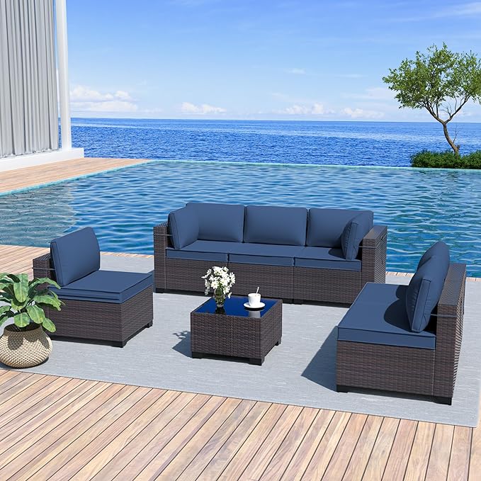 Patio Furniture Set 7-Pieces Outdoor Furniture for Backyard Wicker Sectional Sofa Set, Rattan Patio Conversation Set with Thickened Cushions and Glass Coffee Table, Navy Blue - LeafyLoom