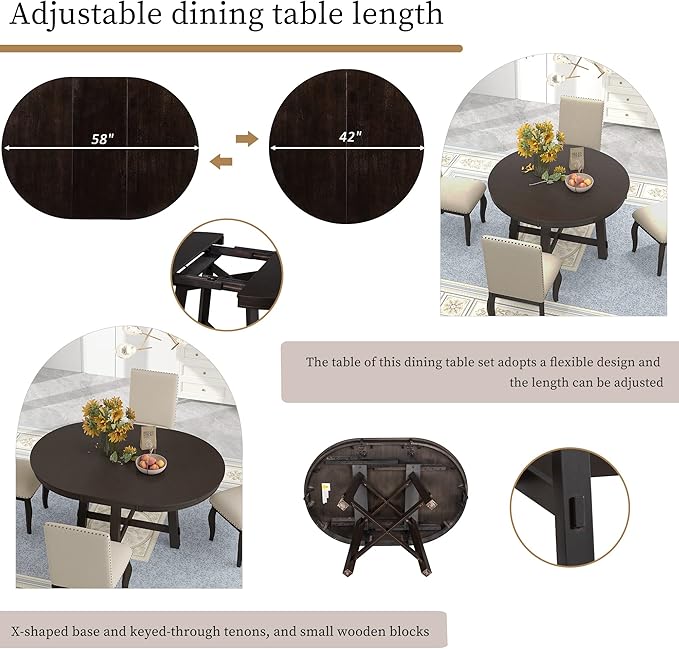 5-Piece Farmhouse Set with Wood Round Extendable Dining-Table and 4 Upholstered Chairs, for Diningroom, Living Room, and Kitchen, Espresso - LeafyLoom