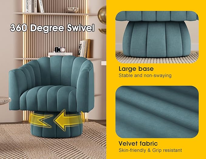 Accent Chair Mid Century 360 Degree Swivel Chair,Modern Lounge Sofa Round Barrel Chair with Wide Upholstered,Fluffy Velvet Fabric Chairs for Home Sofa Living Room/Bedroom/Waiting Room (Blue) - LeafyLoom