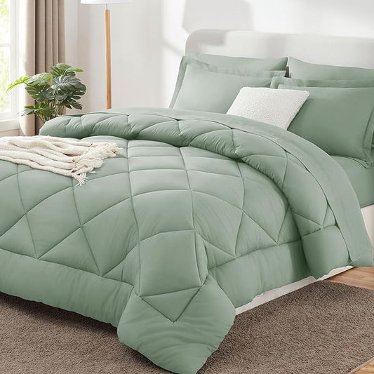 CozyLux Queen Comforter Set with Sheets 7 Pieces Bed in a Bag Sage Green All Season Bedding Sets with Comforter, Pillow Shams, Flat Sheet, Fitted Sheet and Pillowcases - LeafyLoom