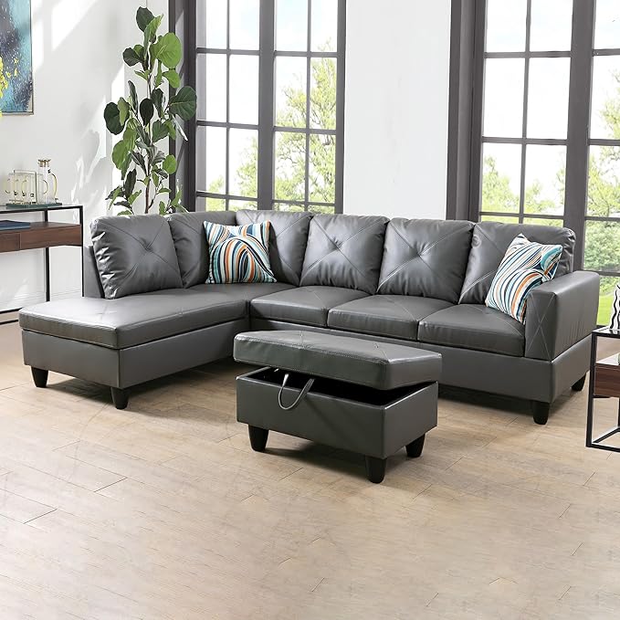 3-Piece L-Shaped Sectional Couches Lounge & Storage Modular Living Room Home Office, 3pcs 97'' Sofa+66.5'' Chaise+28.5'' Ottoman(Left), Dark Grey Faux Leather - LeafyLoom