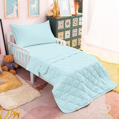 NTBAY Toddler Bedding Set - 4 Piece Soft and Breathable Crib Bedding Set for Boys and Girls, Includes Quilted Comforter, Fitted Sheet, Flat Top Sheet and Envelope Pillowcase, Aqua - LeafyLoom