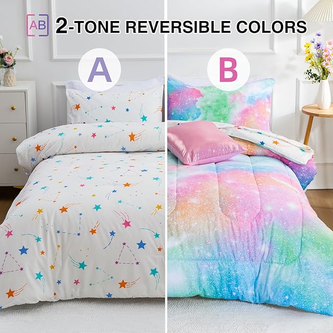 A Nice Night Galaxy 6pcs Kids Bed in a Bag Outer Space Comforter 3D Printed Space Quilt Set Glitter Pink Green Color,for Children Boy Girl Teen Kids,Twin - LeafyLoom