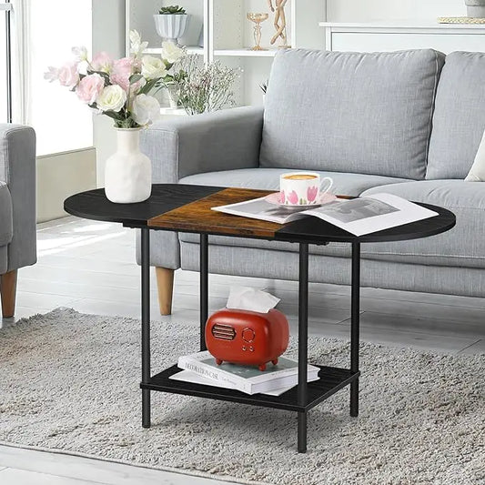 ETELI Small Black Coffee Tables Oval Center Table with Storage and Open Shelving Round Coffee Tea Tables for Living Room, Small Space, Home Office, Brown & Black - LeafyLoom