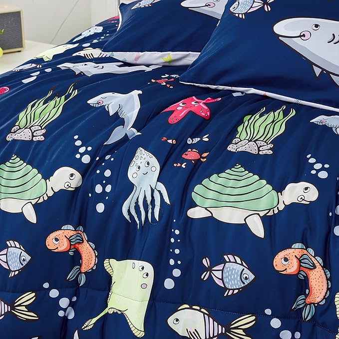 RYNGHIPY Kids Bedding Set for Twin Bed Reversible Ocean Animals Print Comforter Set for Boys Girls Easy-Wash Super Soft Microfiber Bed Set (Navy Ocean,Twin) - LeafyLoom