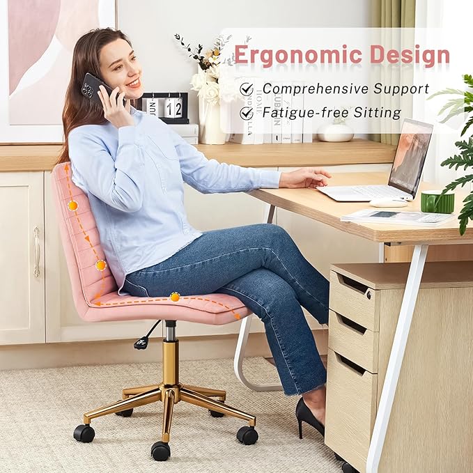 Furniliving Home Office Chair, Armless Vanity Chair with Wheels Swivel Velvet Computer Rolling Desk Chair with Back, Adjustable Accent Chair with Gold Metal Base Stool Chair,Pink - LeafyLoom