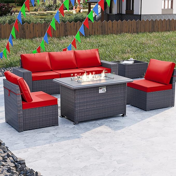 Kullavik 7 Pieces Outdoor Patio Furniture Set with 43" 55000BTU Gas Propane Fire Pit Table PE Wicker Rattan Sectional Sofa Patio Conversation Sets,Dark Red - LeafyLoom