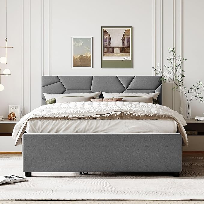 Queen Size Upholstered Platform Bed with Brick Pattern Headboard and Twin XL Size Trundle,Bedroom Bed Frame w/Linen Fabric,Wooden Slats Supproted,for Teens Kids Adults,Gray - LeafyLoom