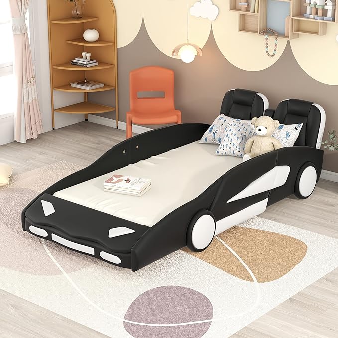 Twin Size Race Car Bed Platform Bed with Wheels and Side Rails,Bed Frame W/Two Seats Headboard,for Kids Boys Girls Teens,Black - LeafyLoom