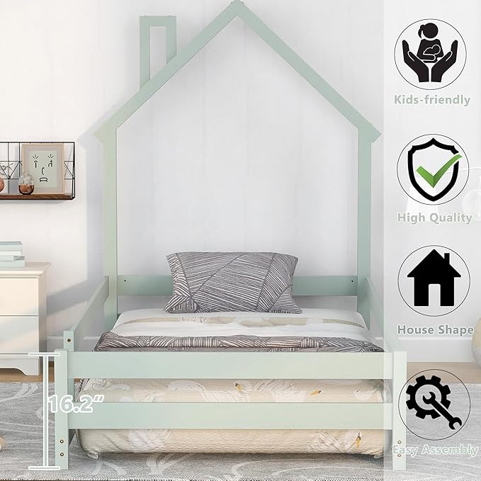 Bellemave Twin Size House-Shaped Headboard Floor Bed with Fences, Wooden Montessori Bed for Kids,House Bed Twin Frame for Girls,Boys (Light Green) - LeafyLoom