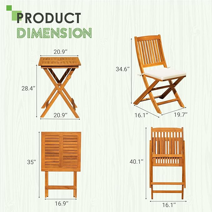 Greesum 3 Piece Patio Folding Furniture Bistro Set with 2 cushions for Pool Beach Backyard Balcony Porch Deck Garden, Acacia Wood - LeafyLoom