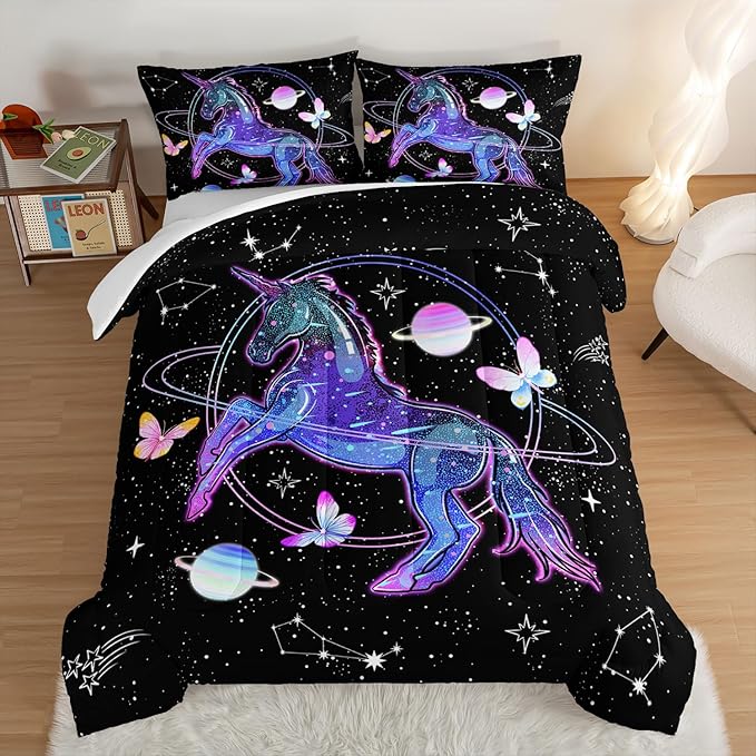 HOSIMA Unicorn Bedding Sets for Girls Kids,Butterfly Star Empty Galaxy Comforter,Unicorn Bedroom Decor for Girls Boys,Soft Microfiber Black King Size Comforter Set,Butterfly Crib Bedding Set. - LeafyLoom