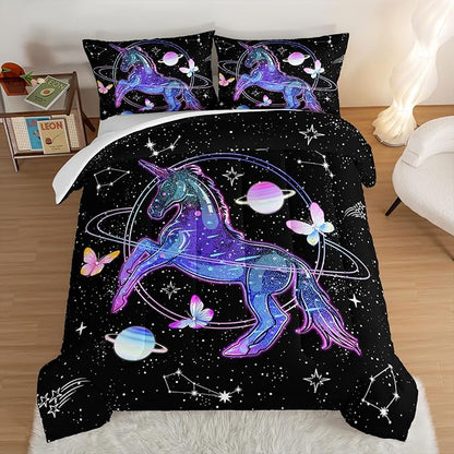 HOSIMA Unicorn Bedding Sets for Girls Kids,Butterfly Star Empty Galaxy Comforter,Unicorn Bedroom Decor for Girls Boys,Soft Microfiber Black King Size Comforter Set,Butterfly Crib Bedding Set. - LeafyLoom