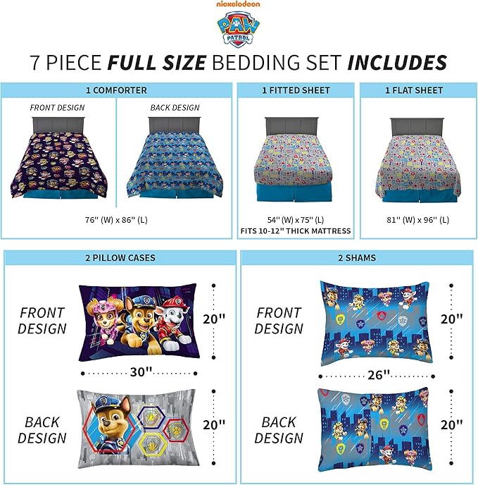 Franco Kids Bedding Super Soft Comforter and Sheet Set with Sham, 7 Piece Full Size, Paw Patrol Movie - LeafyLoom