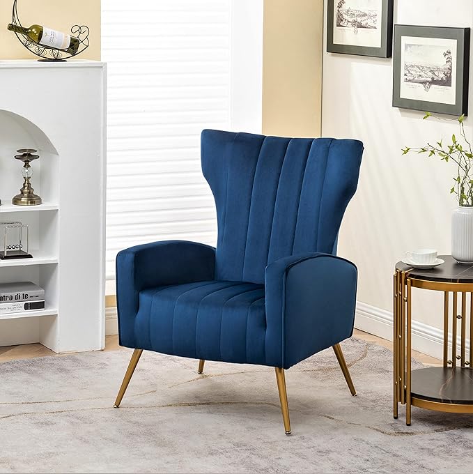 Armchair Modern Velvet Accent Chair, Channel Tufted Bedroom, Office or Living Room Furniture with Elegant Metal Legs, Blue - LeafyLoom