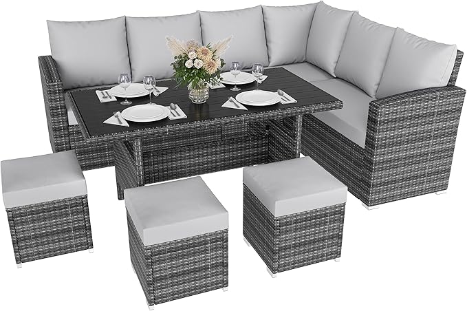 IDEALHOUSE 7 Pieces Outdoor Dining Set,Patio Sectional Sofa Conversation Set All Weather Wicker Rattan Couch Dining Table & Chair with Ottoman Grey - LeafyLoom