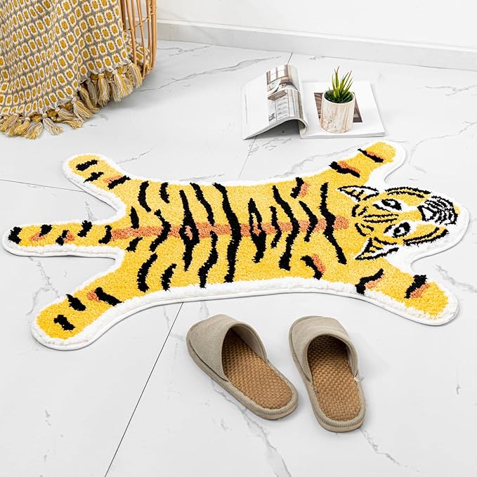 Tiger Shaped Bath Mat for Bathroom Cute Animals Yellow Tiger Cartoon Bath Rug Non-Slip Absorbent Bathtub Rug for Bathroom Tub Door Mat Soft Bathmat Home Decor - LeafyLoom