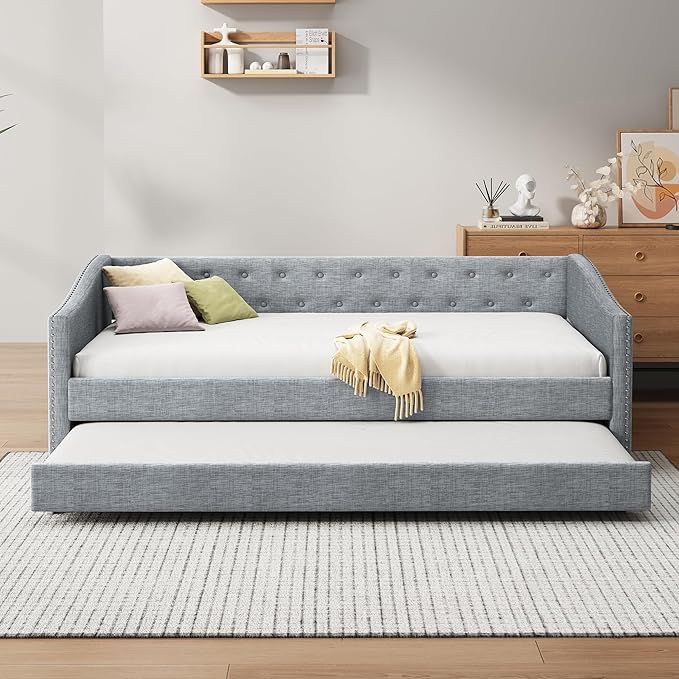 Twin Daybed Frame with Trundle,Upholstered Sofa Bed W/Button & Nailhead Tufted Design,Wood Slats Support,Saving Space,Linen Fabric Bedframe for Living Room Bedroom Apartment,Light Gray - LeafyLoom