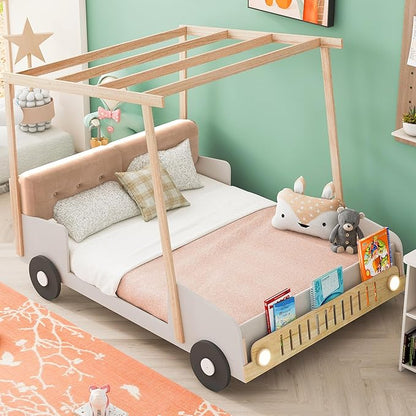 Twin Size Car Bed with Ceiling Cloth,Wood Car-Shaped Bed Frame with Pillow and LED Light for Kids Girls Boys, No Box Spring Needed, Natural - LeafyLoom