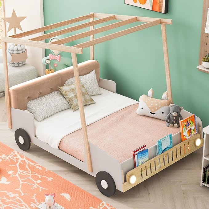 Full Size Car Bed with Ceiling Cloth,Wood Car-Shaped Bed Frame with Pillow and LED Light for Kids Girls Boys, No Box Spring Needed, Natural - LeafyLoom