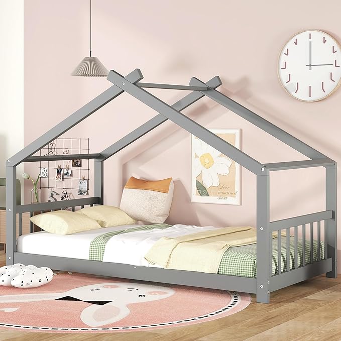 Kids Montessori Floor Bed Twin Size, Twin Floor Bed Frame with Headboard, Footboard and Slats, Wood Montessori Bed Twin Size/House Floor Bed for Kids, Girls, Boys, Gray Floor Bed - LeafyLoom