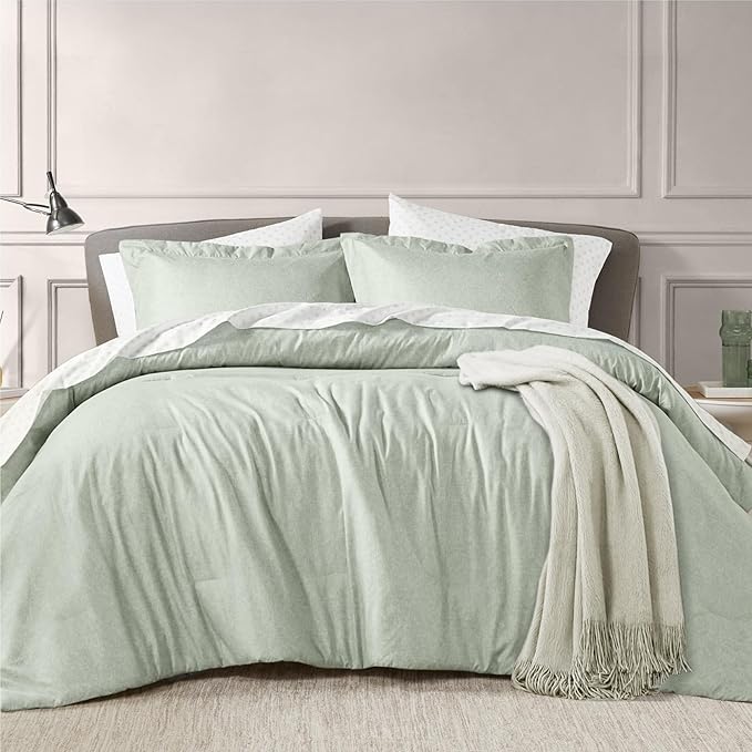 5 Pieces Twin Size Comforter Set with Sheets, Neutral Green Bed in a Bag, Modern Farmhouse Bedding Sets with Comforter, Flat & Fitted Sheet, Pillowcases & Shams - LeafyLoom