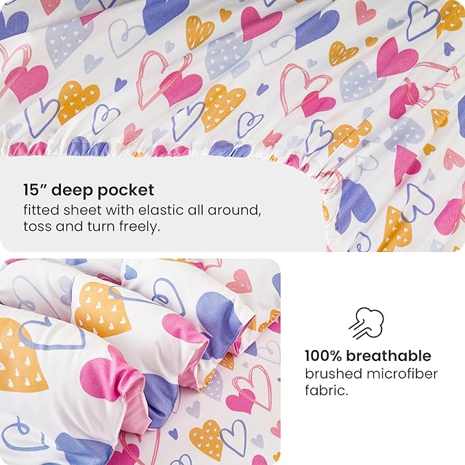 Mooreeke Full Size Comforter Sets for Girls Kids, 8 Pieces Bed in a Bag Pink Heart Bedding Comforter Sheet Set with Shams and Decorative Toy Pillow, Ultral Soft Microfiber Kids Bed Set - LeafyLoom