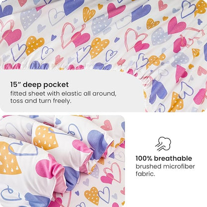 Mooreeke Full Size Comforter Sets for Girls Kids, 8 Pieces Bed in a Bag Pink Heart Bedding Comforter Sheet Set with Shams and Decorative Toy Pillow, Ultral Soft Microfiber Kids Bed Set - LeafyLoom