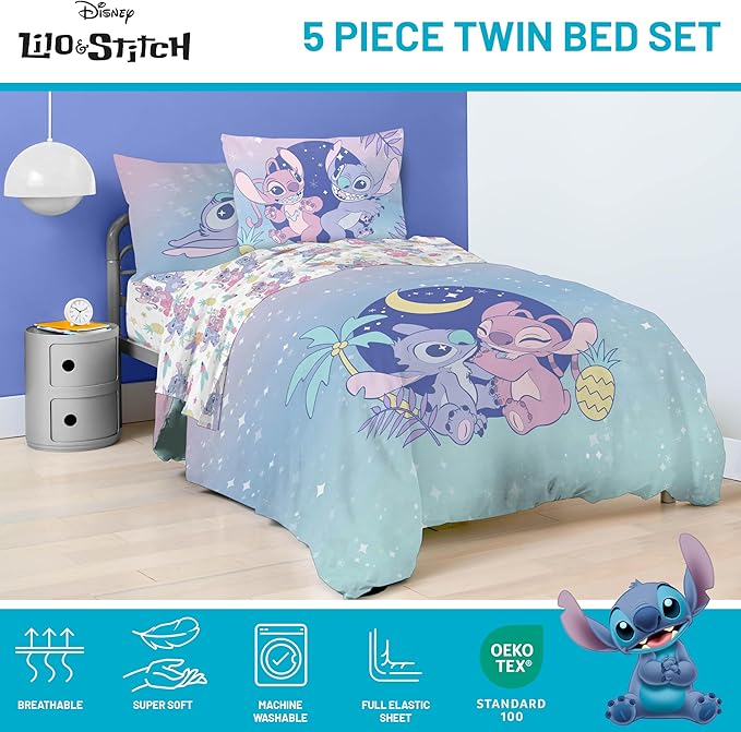 Disney Lilo and Stitch Twin Size Comforter Set - 5 Piece Floral Bedding includes Sheet Set & Pillow Covers Features Angel - Super Soft Purple & Teal Stars Kids Bedding - LeafyLoom