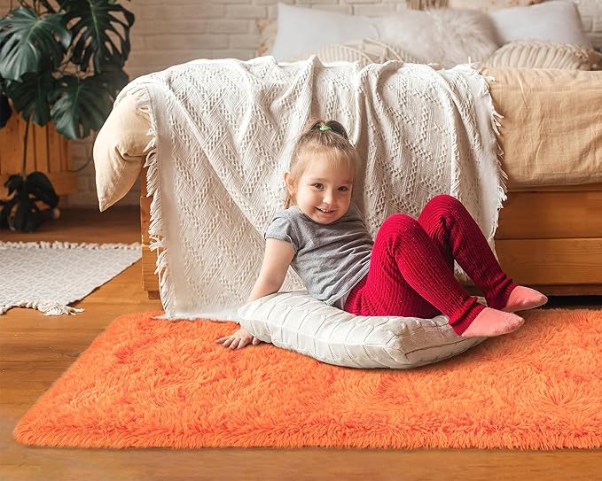 Softlife Area Rug for Bedroom, 2x6 Feet Runner Rug Plush Fluffy Rug for Living Room, Orange Shag Rug for Aesthetic Christmas Room Decor, Modern Fuzzy Faux Fur Carpet for Kids Nursery Room Dorm - LeafyLoom