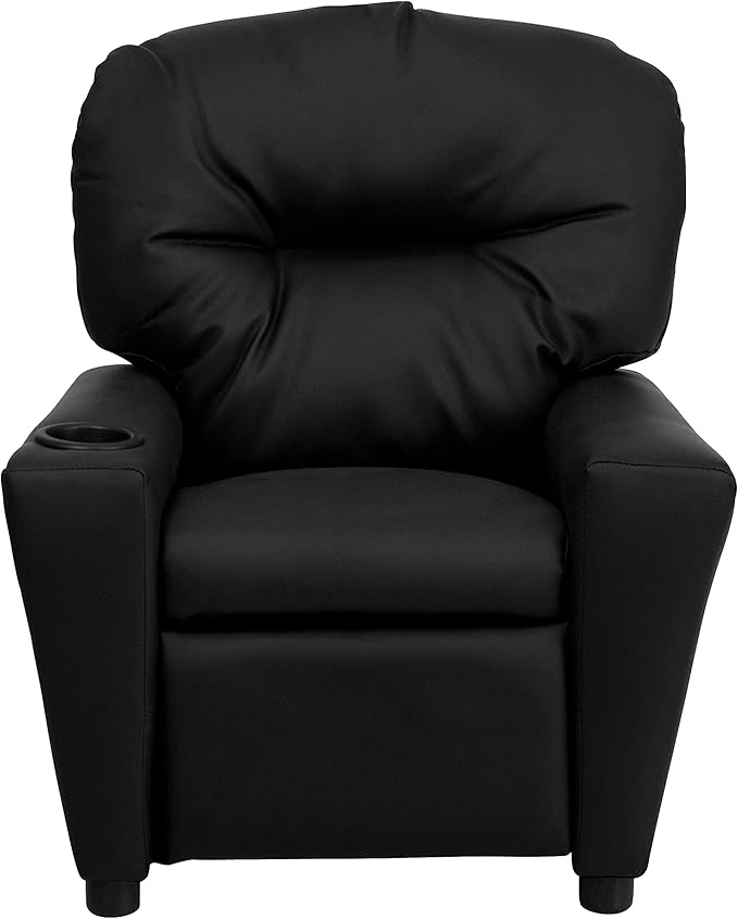 Flash Furniture Chandler LeatherSoft Kids Recliner with Cup Holder and Safety Recline, Contemporary Reclining Chair for Kids, Supports up to 90 lbs., Black - LeafyLoom