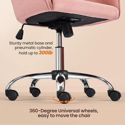 Yaheetech Velvet Vanity Chair Makeup Chair Cute Office Chair Aesthetic Desk Chair Height Adjustable Task Chairs 360° Swivel Computer Chair Living Room Chairs with Arms&Stainless Base Accent Pink - LeafyLoom