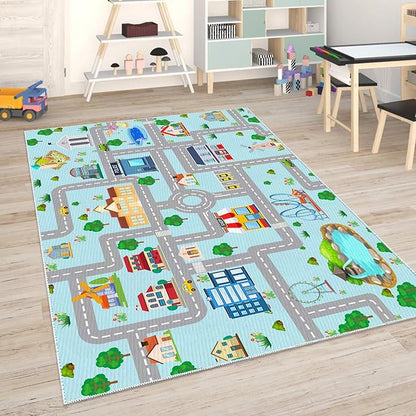 Kids Car Rug, 3x5 City Life Traffic Road Playmat for Toy Cars Trains, Non-Slip Race Track Carpet Educational Fun Area Rugs for Boy and Girl Bedroom Nursery - LeafyLoom