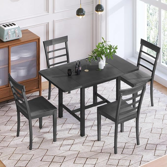 NicBex Dining Table Set for 4 Kitchen Table Set 5-Piece Wood Square Drop Leaf Breakfast Nook Extendable Dining Table Set with 4 Ladder Back Chairs for Small Places, Gray - LeafyLoom