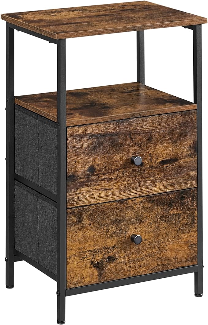 VASAGLE Nightstand, 24-Inch Tall Side Table with 2 Fabric Drawers and Storage Shelf, for Bedroom, Rustic Brown and Black ULGS025B01 - LeafyLoom