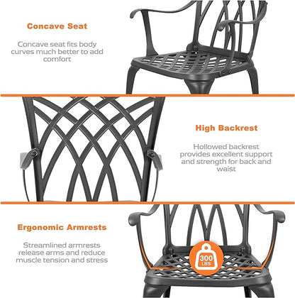 NUU GARDEN Patio Bistro Sets 3 Piece Cast Aluminum Bistro Table and Chairs Set with Umbrella Hole Bistro Set of 2 for Patio Backyard, Black - LeafyLoom