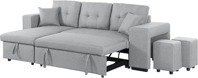 RITSU Reversible Sectional Sofa with Pull Out Loveseat Sleeper Bed Storage Space and 2 Stools, Corner Couch with Side Cabinets, Suitable for Living Room, Apartment Light Gray, 95.27inch - LeafyLoom