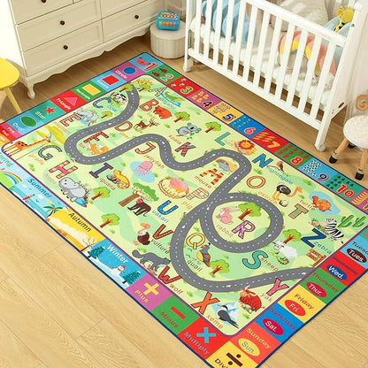 Terrug Kids Rugs for Playroom, Educational Classroom Rug for Kids Room, Washable Nursery Rug Carpet Non Slip Playroom Rug Play Mat for Learning ABC Rug, Numbers, Animal, Colors, Season, 4X6 Feet - LeafyLoom